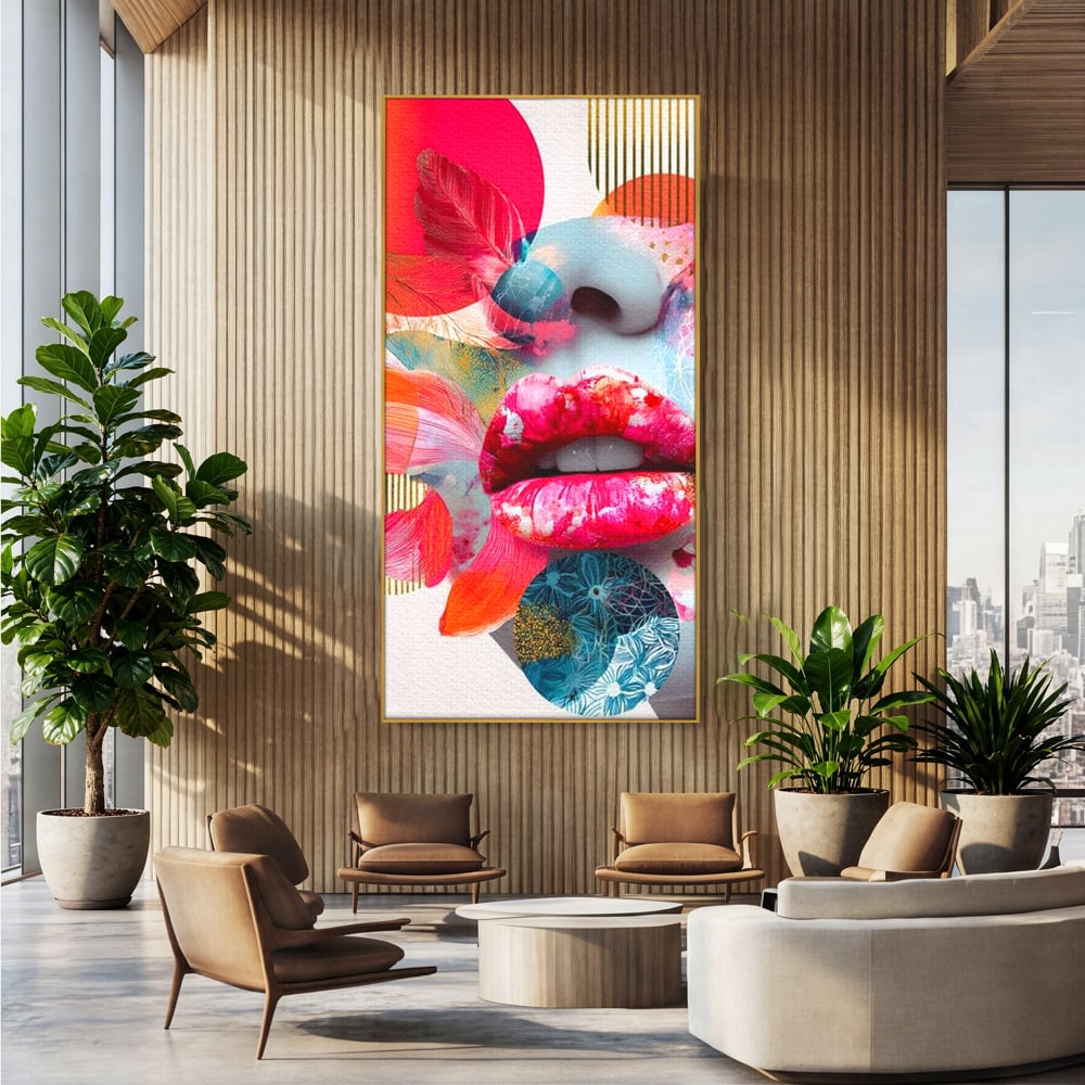 Tablou canvas cu tablou canvas cu buze roz si nas albastru, in rama de aluminiu auriu, pe perete intr-un birou